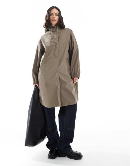 ASOS DESIGN dolphin hem rubberized rain parka coat in mushroom