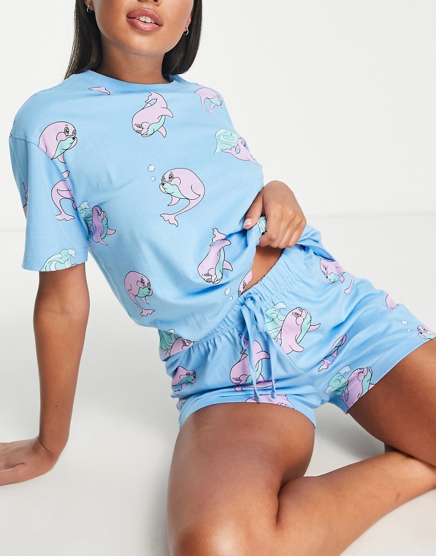 ASOS DESIGN dolphin oversized tee & shorts pajama set in blue