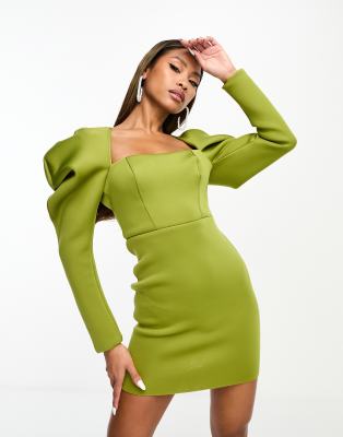 Asos Design Dome Sleeve Open Back Mini Dress In Olive-green