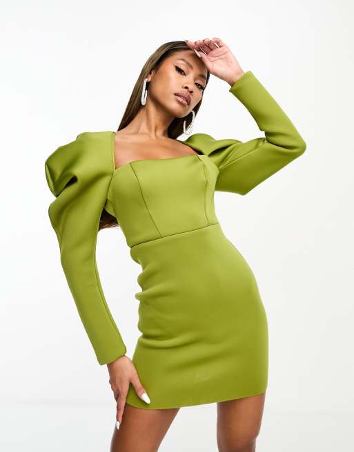 ASOS DESIGN dome sleeve open back mini dress in olive