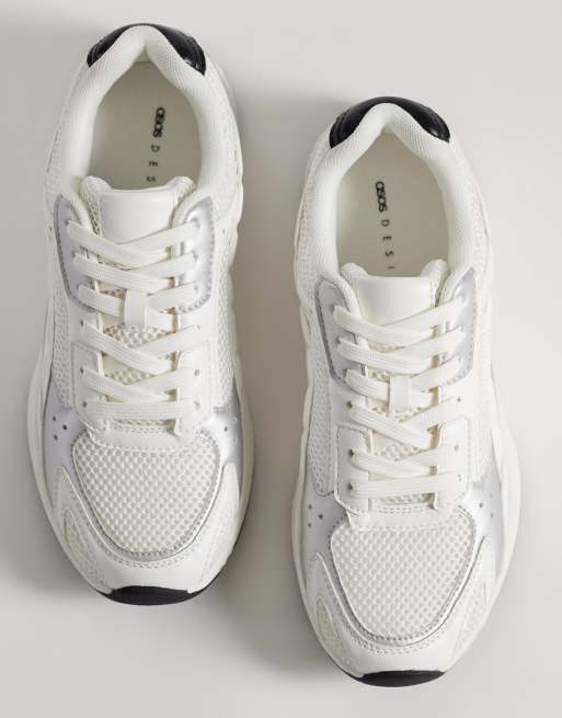 ASOS DESIGN Doodle lace up trainers in white and silver, 2 of 5