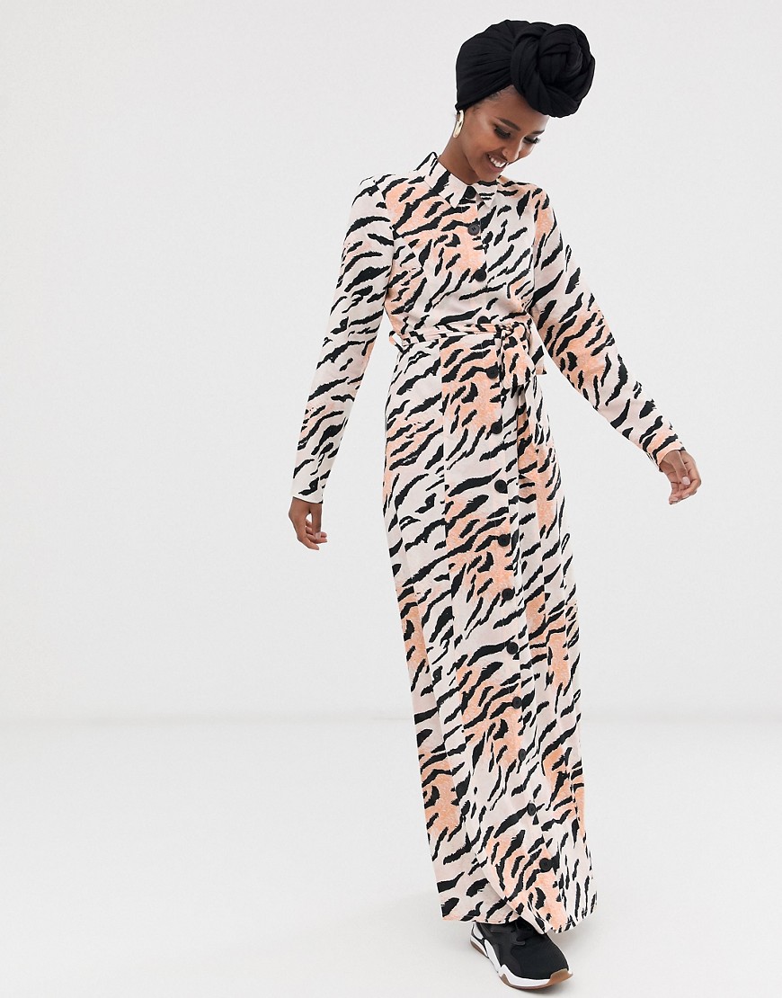 ASOS DESIGN - Doorgeknoopte maxi-jurk met lange mouwen en riem in zebraprint-Multi