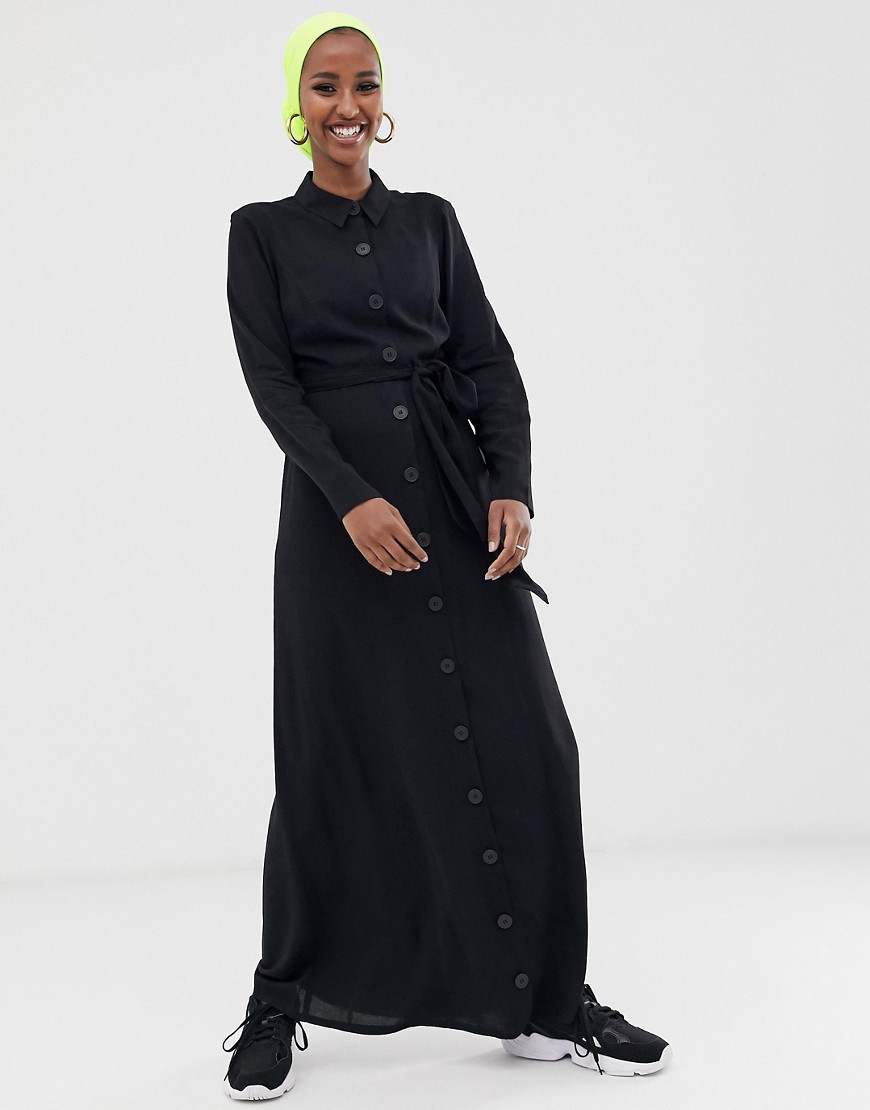 ASOS DESIGN - Doorgeknoopte maxi-jurk met lange mouwen en riem-Zwart