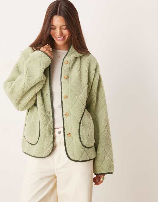 ASOS DESIGN - Doorgestikt borgjack met capuchon in groen met donkergroene biezen