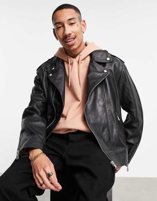 ASOS DESIGN - Doorgestikt jack van echt leer in zwart