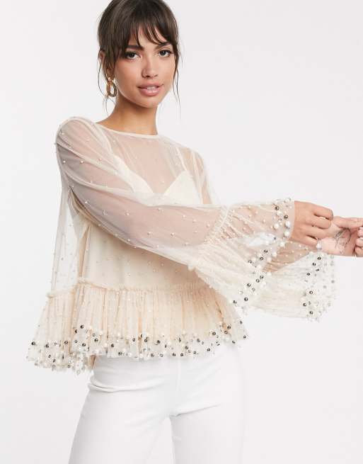 ASOS DESIGN - Doorschijnend aangerimpelde top met kralen