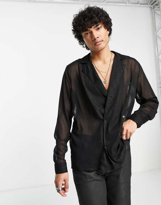 ASOS DESIGN - Doorschijnend double breasted overhemd met textuur in zwart