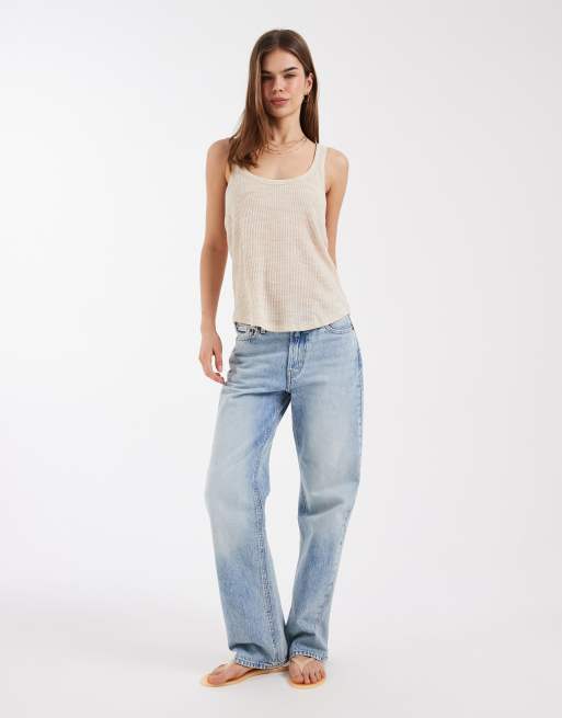 ASOS DESIGN - Doorschijnend geribbeld hemdje met lage ronde hals in crème, 2 van 4