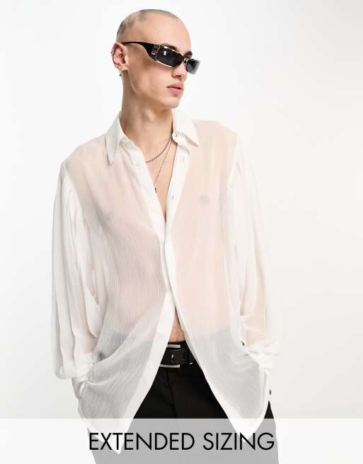 ASOS DESIGN - Doorschijnend overhemd met geplooide, volumineuze mouwen in wit