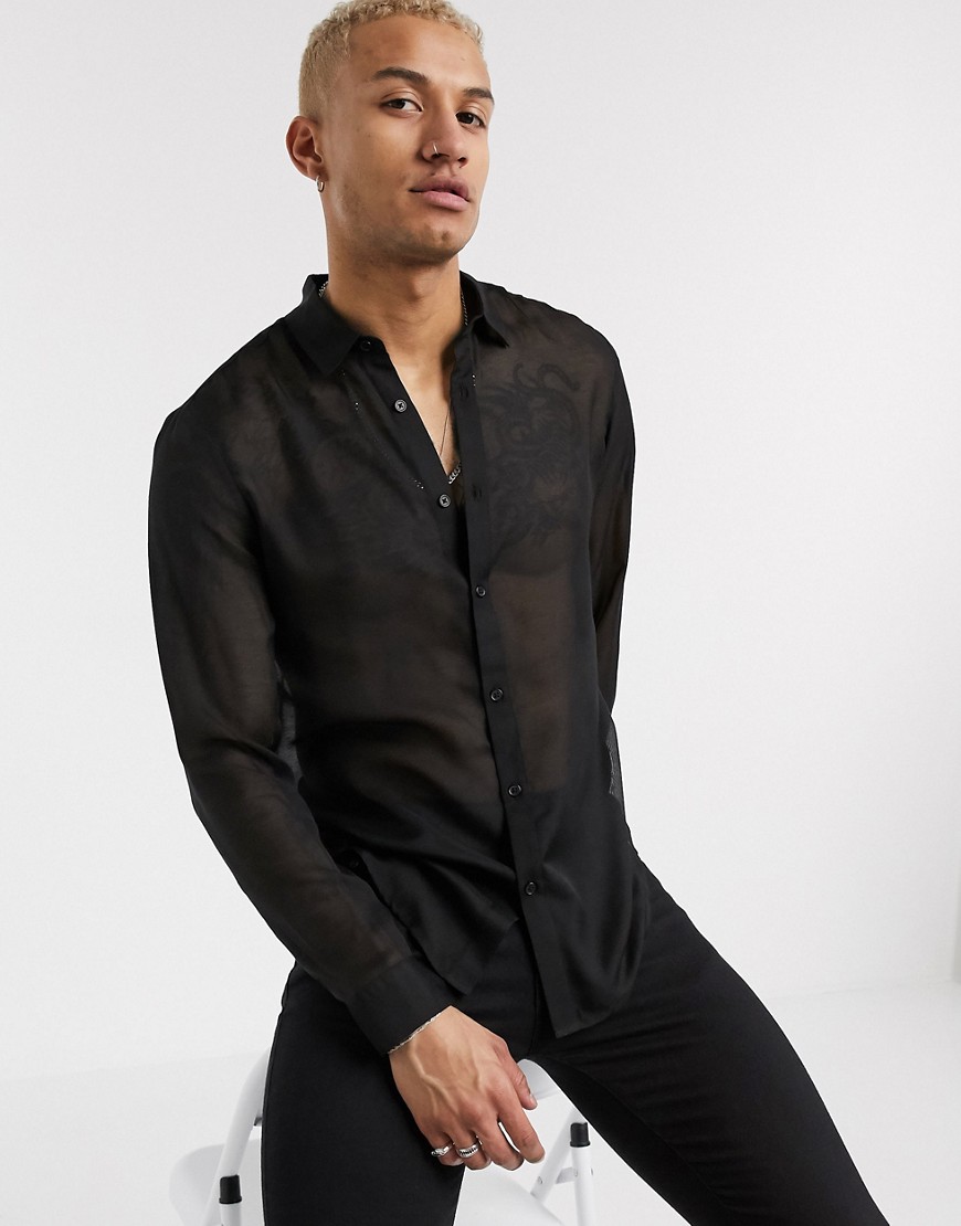 ASOS DESIGN - Doorschijnend regular-fit overhemd met rechte kraag in zwart