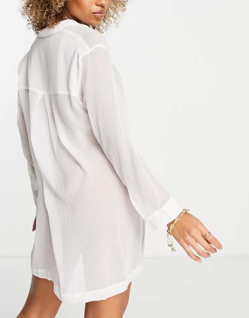 ASOS DESIGN - Doorschijnend strandoverhemd zonder sluiting met zak in wit, 2 van 4