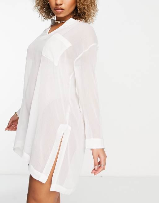 ASOS DESIGN - Doorschijnend strandoverhemd zonder sluiting met zak in wit, 4 van 4