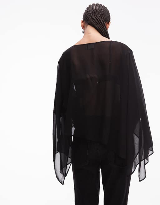 ASOS DESIGN - Doorschijnende cape top met blote schouder in zwart, 4 van 4