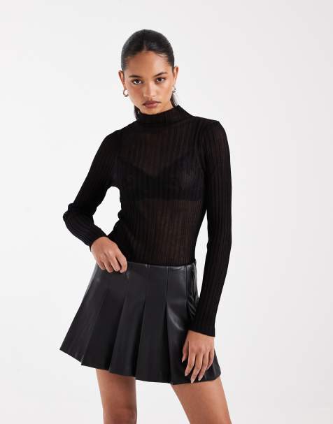 ASOS DESIGN doorschijnende gebreide geplooide top met lange mouwen en opstaande boord in zwart - view 1