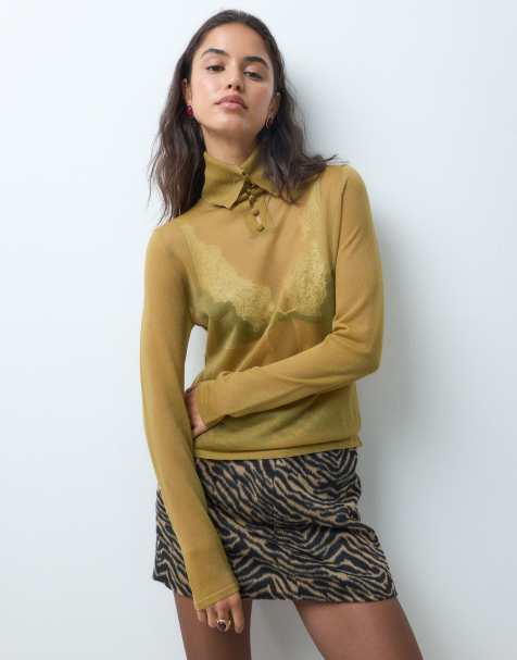 ASOS DESIGN doorschijnende gebreide top met knopen en col in oker - view 1