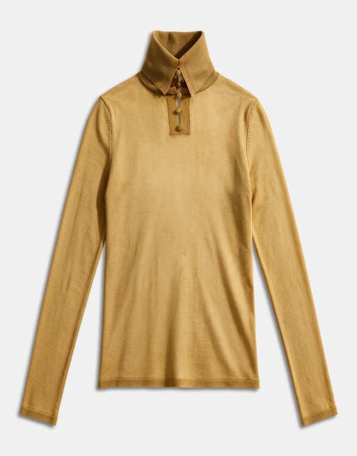 ASOS DESIGN doorschijnende gebreide top met knopen en col in oker, 6 van 9