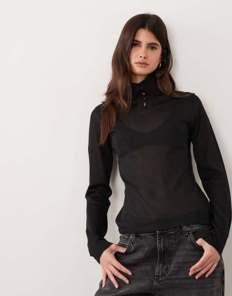 ASOS DESIGN doorschijnende gebreide top met knopen en col in zwart - view 1