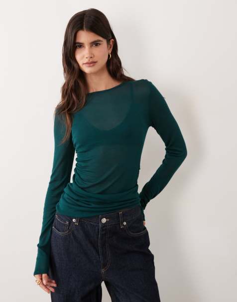 ASOS DESIGN doorschijnende gebreide zachte top met gerimpelde zijkant in bosgroen - view 1