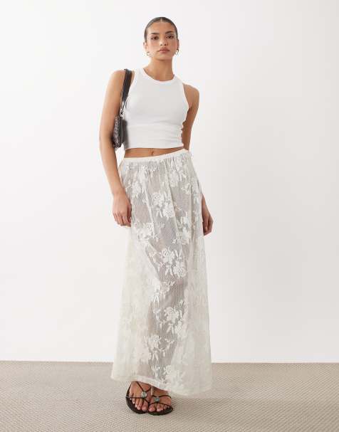 ASOS DESIGN - Doorschijnende gehaakte maxi strandrok met kant en gestrikte zijkant in wit - view 1
