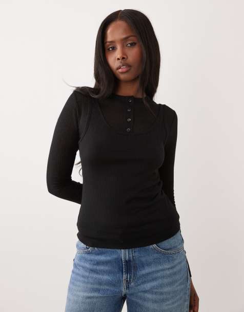 ASOS DESIGN - Doorschijnende geribbelde gelaagde top met lange mouwen in zwart - view 1