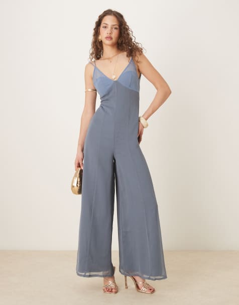 ASOS DESIGN - Doorschijnende jumpsuit van chiffon met v-hals in twee kleuren blauw - view 1