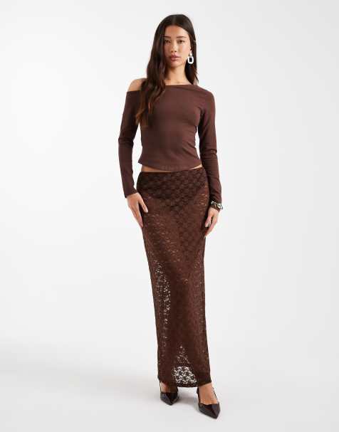 ASOS DESIGN - Doorschijnende kanten maxi-kokerrok in chocoladebruin - view 1