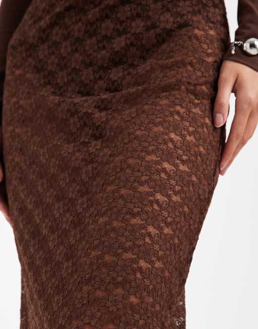 ASOS DESIGN - Doorschijnende kanten maxi-kokerrok in chocoladebruin, 4 van 5