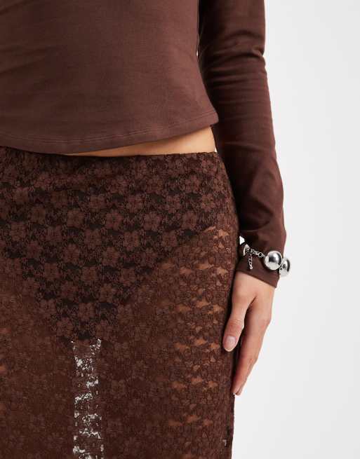 ASOS DESIGN - Doorschijnende kanten maxi-kokerrok in chocoladebruin, 5 van 5