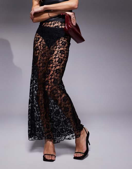 ASOS DESIGN - Doorschijnende kanten maxi rok in zwart, 4 van 5