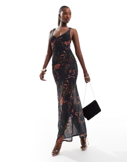 ASOS DESIGN - Doorschijnende maxi jurk met cupdetail en body in donkere dierenprint
