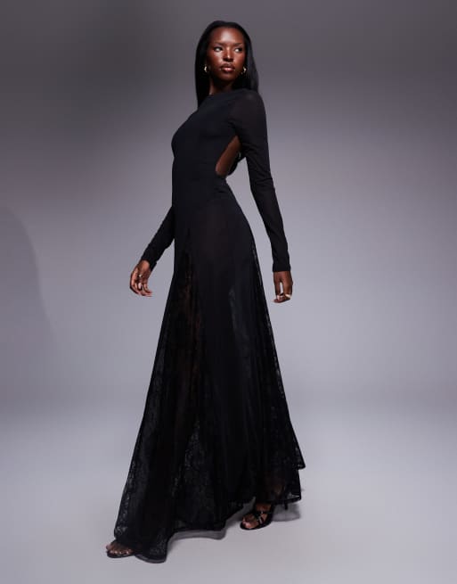 ASOS DESIGN - Doorschijnende maxi-jurk met lange mouwen, kanten inzetstuk met godetplooien en body in zwart
