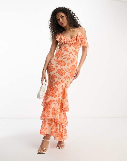 ASOS DESIGN - Doorschijnende maxi jurk van jacquard met ruche op de schouders, asymmetrische zoom en bloemenprint in oranje