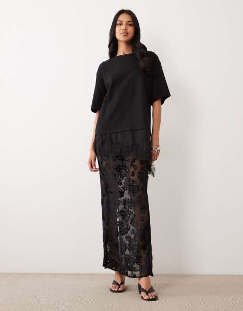 ASOS DESIGN - Doorschijnende maxi rok met burn-out bloemenprint in zwart - view 1