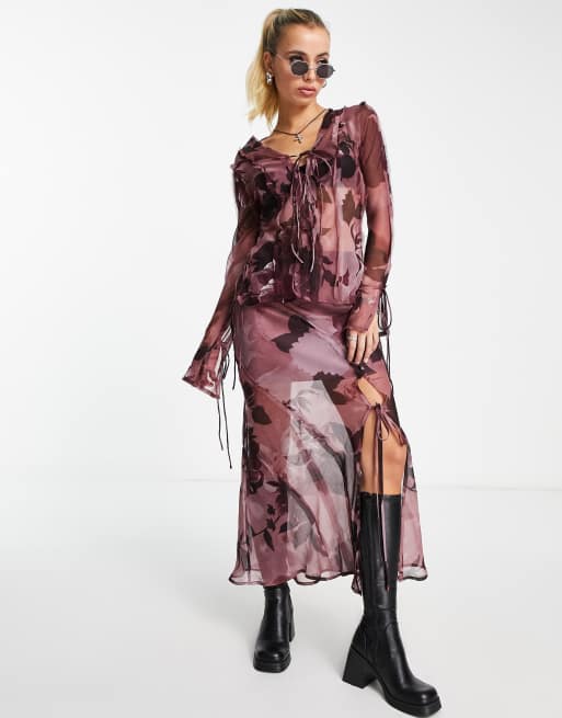 ASOS DESIGN - Doorschijnende maxi rok met strikdetails in donkere bloemenprint, deel van co-ord set