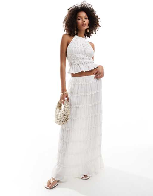 ASOS DESIGN - Doorschijnende maxi rok met stroken in wit, deel van co-ord set