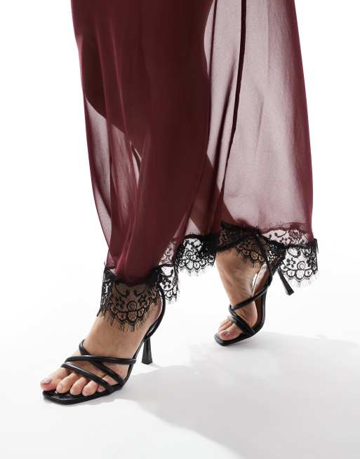 ASOS DESIGN - Doorschijnende maxi rok van chiffon met kanten rand in bordeauxrood, 3 van 5