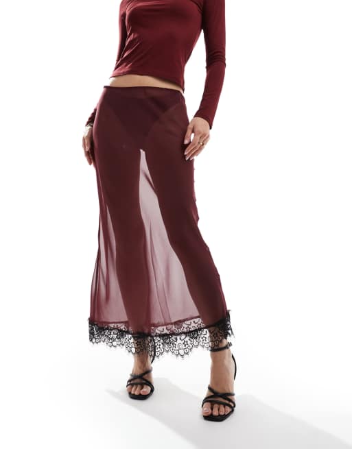 ASOS DESIGN - Doorschijnende maxi rok van chiffon met kanten rand in bordeauxrood, 5 van 5