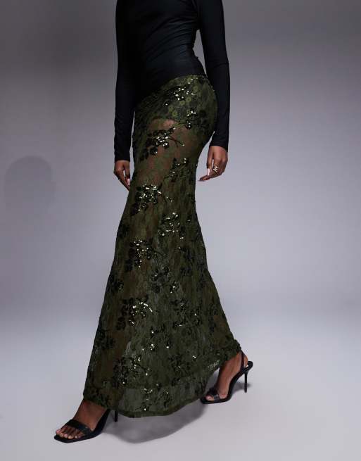 ASOS DESIGN - Doorschijnende maxi rok van kant met lovertjes in groen, 2 van 5