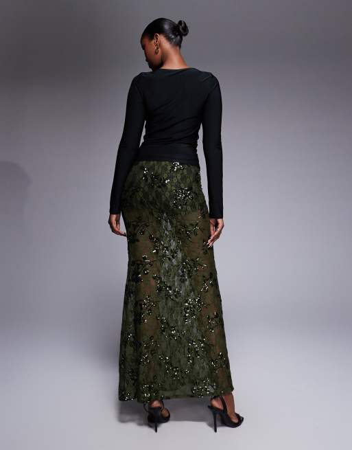 ASOS DESIGN - Doorschijnende maxi rok van kant met lovertjes in groen, 4 van 5