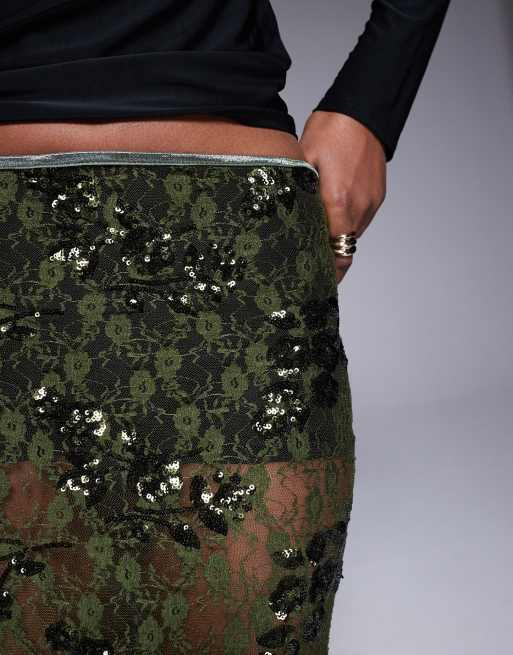 ASOS DESIGN - Doorschijnende maxi rok van kant met lovertjes in groen, 5 van 5