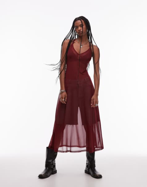 ASOS DESIGN - Doorschijnende maxi slipdress van mesh in bordeauxrood - view 1