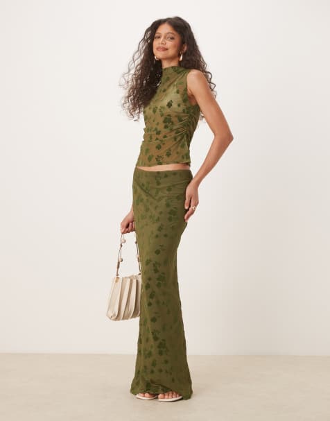 ASOS DESIGN - Doorschijnende maxirok met bloemenprint in olijfgroen, deel van co-ord set - view 1