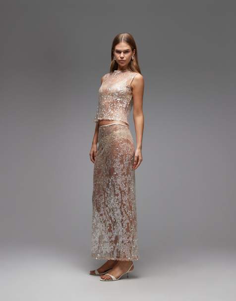 ASOS DESIGN - Doorschijnende mesh maxi rok in roségoud - view 1