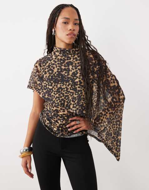 ASOS DESIGN doorschijnende mesh top met asymmetrische cape-schouder en dierenprint - view 1