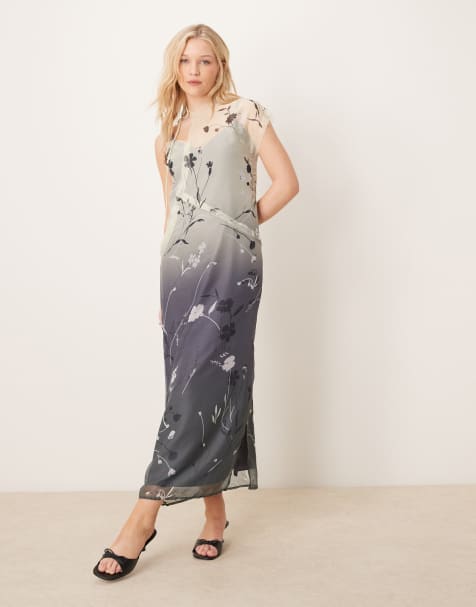 ASOS DESIGN - Doorschijnende midi-jurk met asymmetrische gestrikte hals, onafgewerkte rand en bloemenprint met kleurverloop - view 1