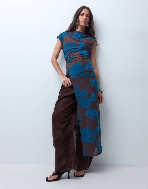 ASOS DESIGN doorschijnende top met flockbloemen, lang model en split, bruin, 2 van 4