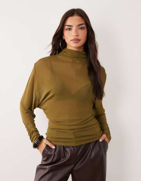 ASOS DESIGN doorschijnende top met vleermuismouwen, hoogsluitende hals en gerimpelde mouw in olijfgroen - view 1
