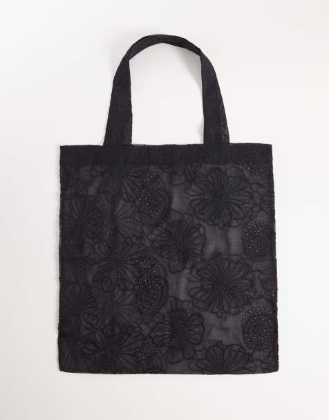 ASOS DESIGN - Doorschijnende tote tas met geborduurde bloemen in zwart - view 1
