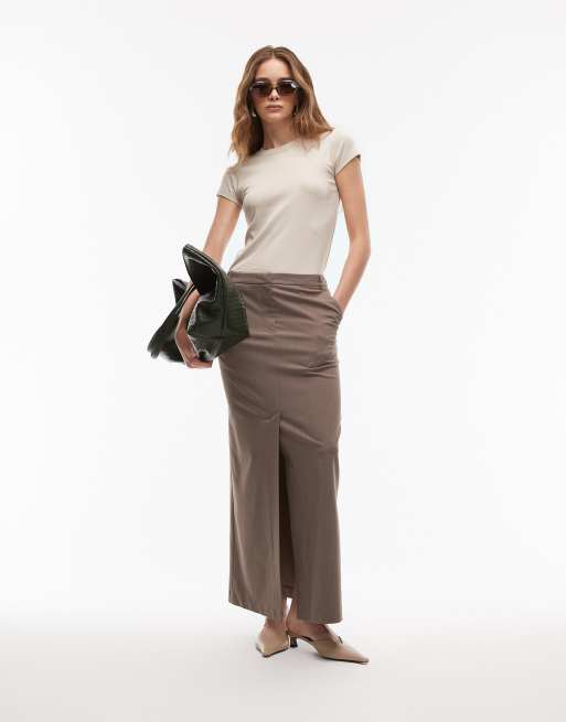 ASOS DESIGN – Dopasowana brązowa spódnica ołówkowa midi w prążki z głębokim rozcięciem