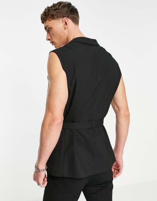 ASOS DESIGN – Dopasowana czarna marynarka bez rękawów z paskiem , 2 z 4